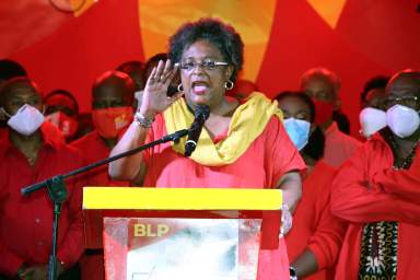 Barbados Prime Minister Mia Mottley speaks to supporters after winning a landslide victory in Bridgetown