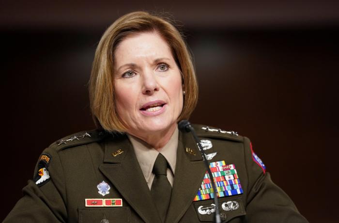 U.S. Army Lt. Gen. Laura Richardson testifies before the U.S. Senate Armed Services Committee on her nomination to become commander of the U.S. Southern Command, at the Capitol in Washington, U.S., Aug. 3, 2021. 