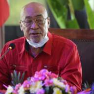 Former Suriname president Desi Bouterse speaks during a news conference after the Court Martial of Suriname confirmed a 20-year jail sentence for his involvement in the murder of 15 people while he ruled in 1982 during his military government, in Paramaribo, Suriname, Aug. 31, 2021.