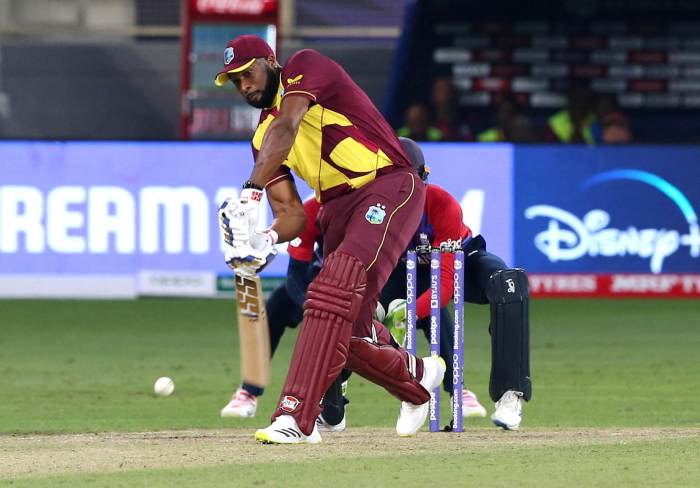 West Indies' Kieron Pollard in action against England at the Dubai International Stadium, Dubai, United Arab Emirates on Oct. 23, 2021.