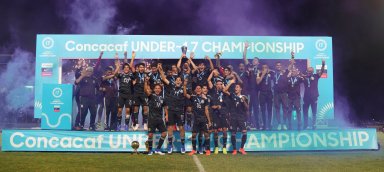 Mexico team celebrates triumph at the final match beetween Mexico national team soccer and United States national team soccer as part of Under 17s Championship 2019, held at the IMG Academy, Bradenton, Florida.