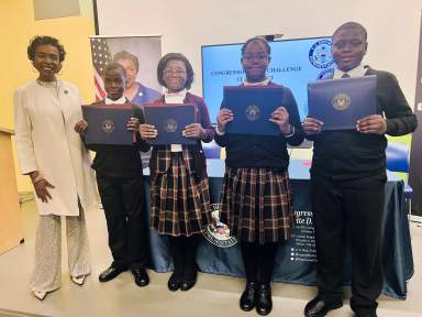 From left, Congresswoman Yvette D. Clarke, Joshua Irving, Amellia King, Ashie-Kay Murray and Seth Lawrence.