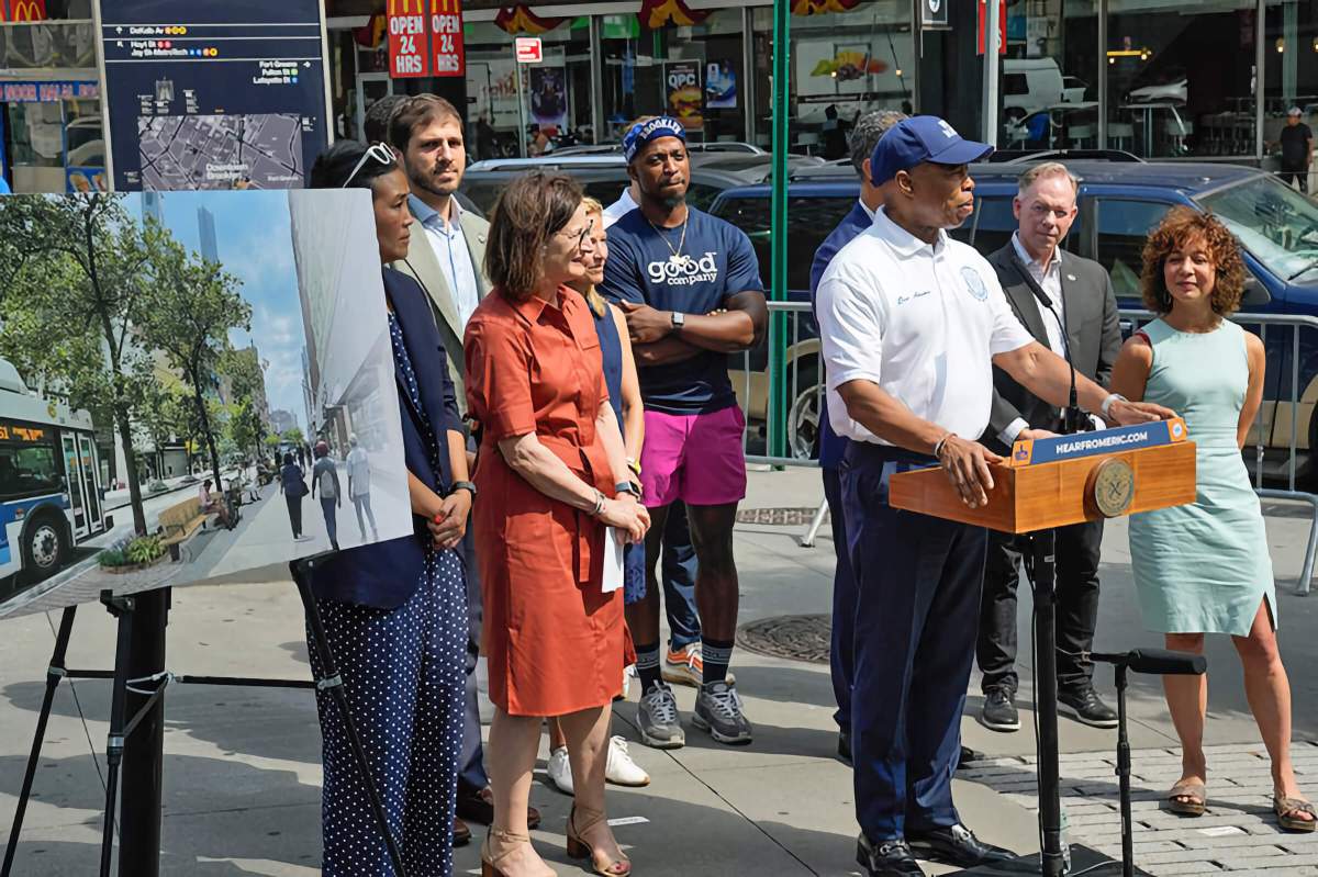 Mayor Eric Adams, Parks Commissioner Donoghue, DOT Commissioner Rodriguez announce more than $40 million investment in safer, more vibrant Downtown Brooklyn.