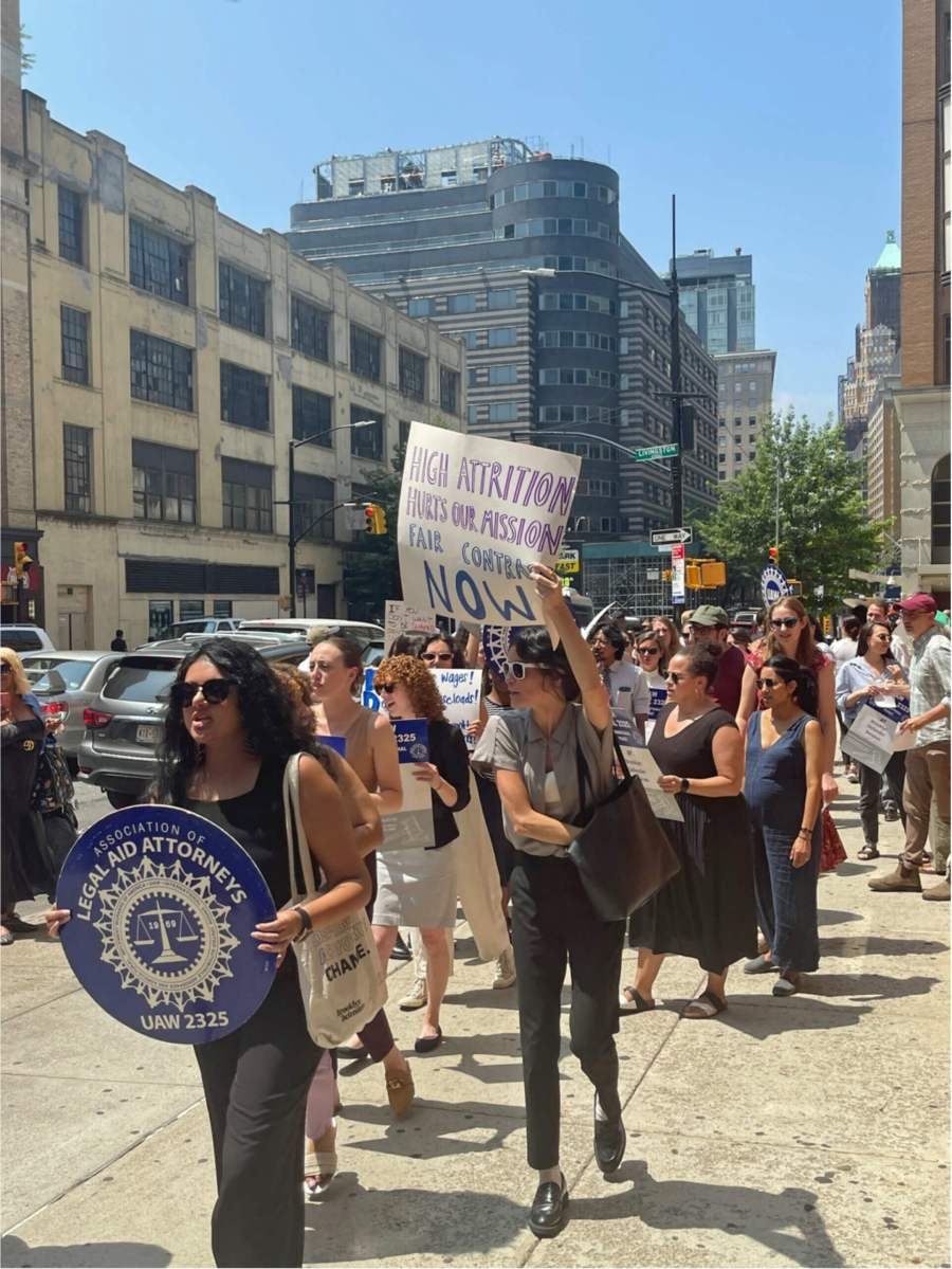 Protestors outside of the Brooklyn Defender Services office in Downtown Brooklyn during their lunchtime picket.