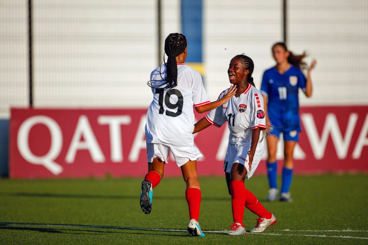 Daneelyah Salandy #19 of Trinidad and Tobago celebrrates her goal during the Group A match between Cayman Islands and Trinidad and Tobago in the Concacaf Women's Under-17 Championship, held at the Rignaal Jean Francisca stadium, in Willemstad, Curaçao.