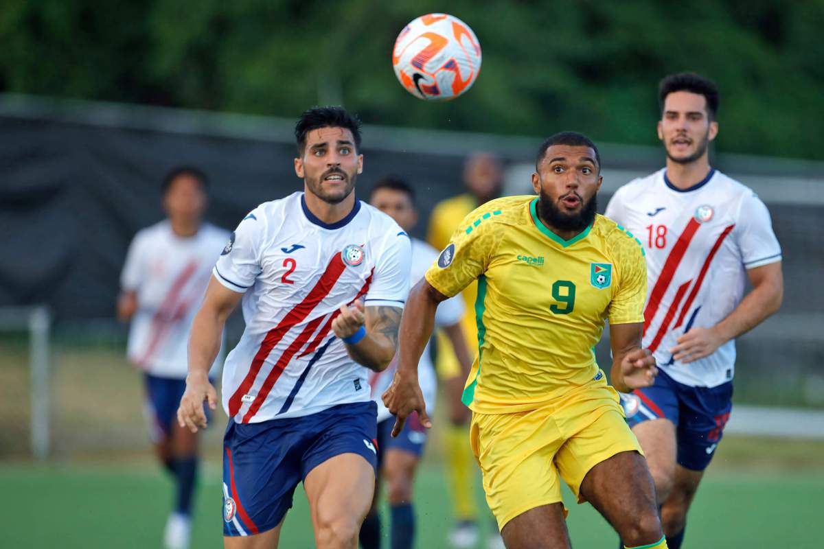 BASSETERRE, SAINT KITTS AND NEVIS. Oct.14: Nicolas Cardona #2 of Puerto Rico and Deon Moore #9 of Guyana during the League B Group D match between Puerto Rico vs Guyana in the Concacaf Nations League held at the SKNFA Technical Center, Basseterre, Saint Kitts and Nevis.