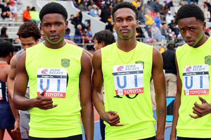 The SVG Grammar School 4x400m team - Matthew Robinson, Jeremy Marin and Ken Davin - without Leemore Ollivierre, who sustained a recurring leg injury during Saturday's heat.