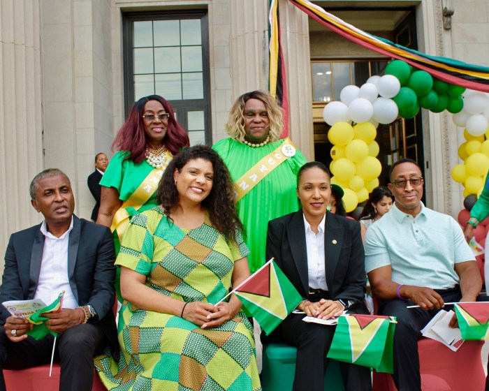 Brenda Telford-Sarfo, Lady Ira Lewis, standing. Sitting are Mayor Alfred Mentore, Senator Britnee Timberlake, NYPD, First Deputy commissioner Tania I. Kinsella, and Mayor Ted R. Green, at East Orange City Hall, during Guyana's 58th Independence Anniversary flag raising ceremony, on June 14.