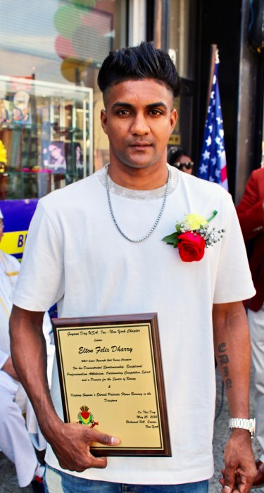 Elton Dharry, fifth ranking boxer in the Super Flyweight in the WBA, at the 58th Independence Anniversary celebration awards hosted by the Guyana Day USA Inc. New York chapter on Liberty Avenue, Queens.