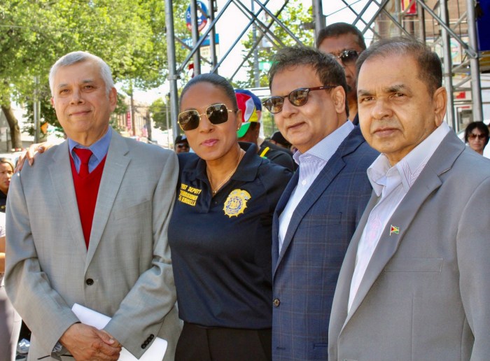 Community leader, Dr. Dhampaul Narine, NYPD First Deputy Commissioner Tania I. Kinsella, Fazil Yussuff, Guyana Consulate, and H. Mohabeer, are photographed at the 58th Independence Anniversary celebration awards, hosted by the Guyana Day USA Inc. New York chapter on Liberty Avenue, Queens.