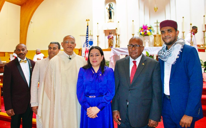 Clergy celebrate Guyana's 58th Independence Anniversary at a service on Sunday 26, at St. Gabriel's Episcopal Church in Brooklyn. From left, Pastor James Richmond, Pandet Ravi Doobay, Rt. Reverend Canon Donovan Ivanhoe Leys, Ambassador Carolyn Rodrigues Birkett, Consul General Ambassador Michael E. Brotherson, and Imam and Spiritual Leader, Shaykh Safras Bacchus, after a warm welcoming service, on May 26, Independence Day.