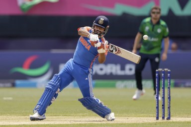 India's Rishabh Pant plays a shot against Ireland during an ICC Men's T20 World Cup Cricket match at the Nassau County International Cricket Stadium in Westbury, New York, Wednesday, June 5, 2024.