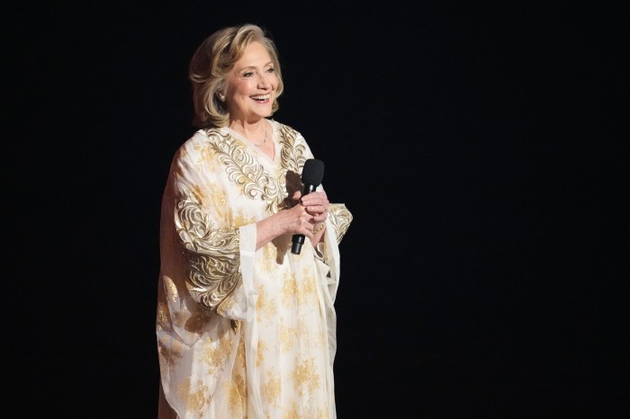 Hilary Clinton presents a musical number from "Suffs" during the 77th Tony Awards on Sunday, June 16, 2024, in New York.