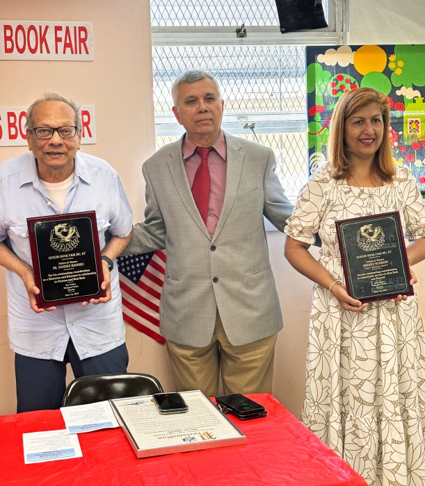 Founder of Queens Book Fair and Literary Festival Dr. Dhanpaul Narine with honorees of the Indo-Caribbean heritage celebrations Dr. Basdeo Mangru and Sherry Algredo.
