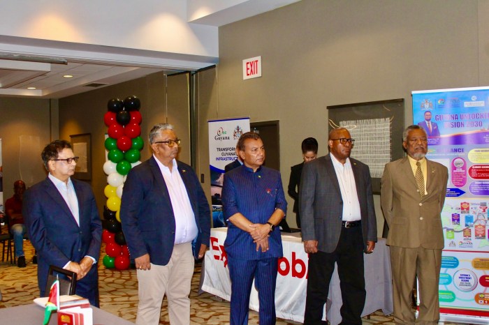 Guyanese officials at the first Diaspora job fair in the United States. From left, Fazil Yusseff, Komal Singh, Dr. Peter Ramsaroop, Consul General to New York, Michael E. Brotherson, and Ambassador to Washington Samuel Hinds,during the first Guyana Diaspora Job fair, in the United States, at the Laguardia Airport Marriott.
