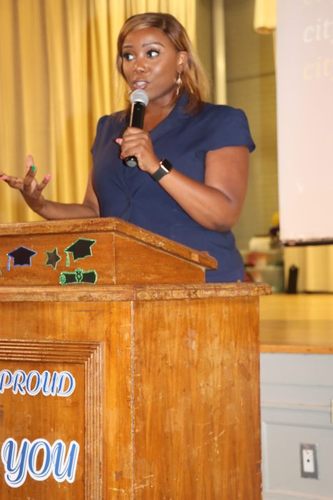 Council Member Farah N. Louis addresses town hall