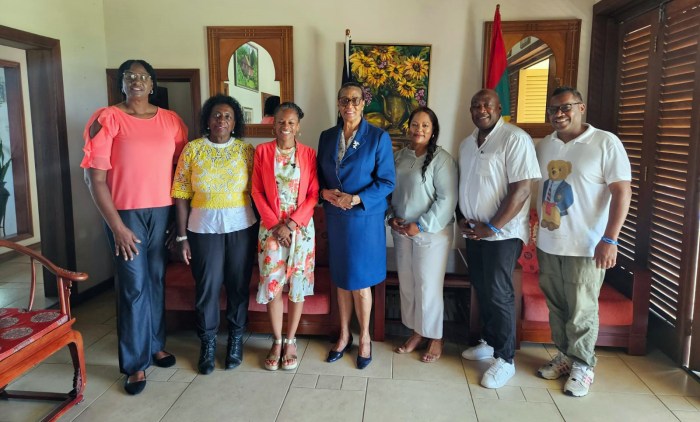 From left, Jennifer Viechweg-Horsford, Dr. Judy Newton, Assemblywoman Monique Chandler-Waterman, Governor General of Grenada Dame Cecile La Grenade, Assemblywoman Jaime Williams, Michael Vincent and Calvin Sennon.