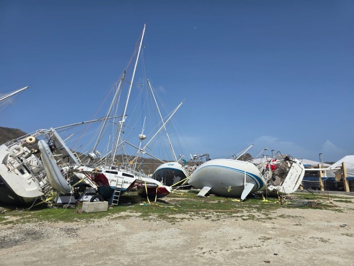 Some of the yachts toppled by Hurricane Beryl.