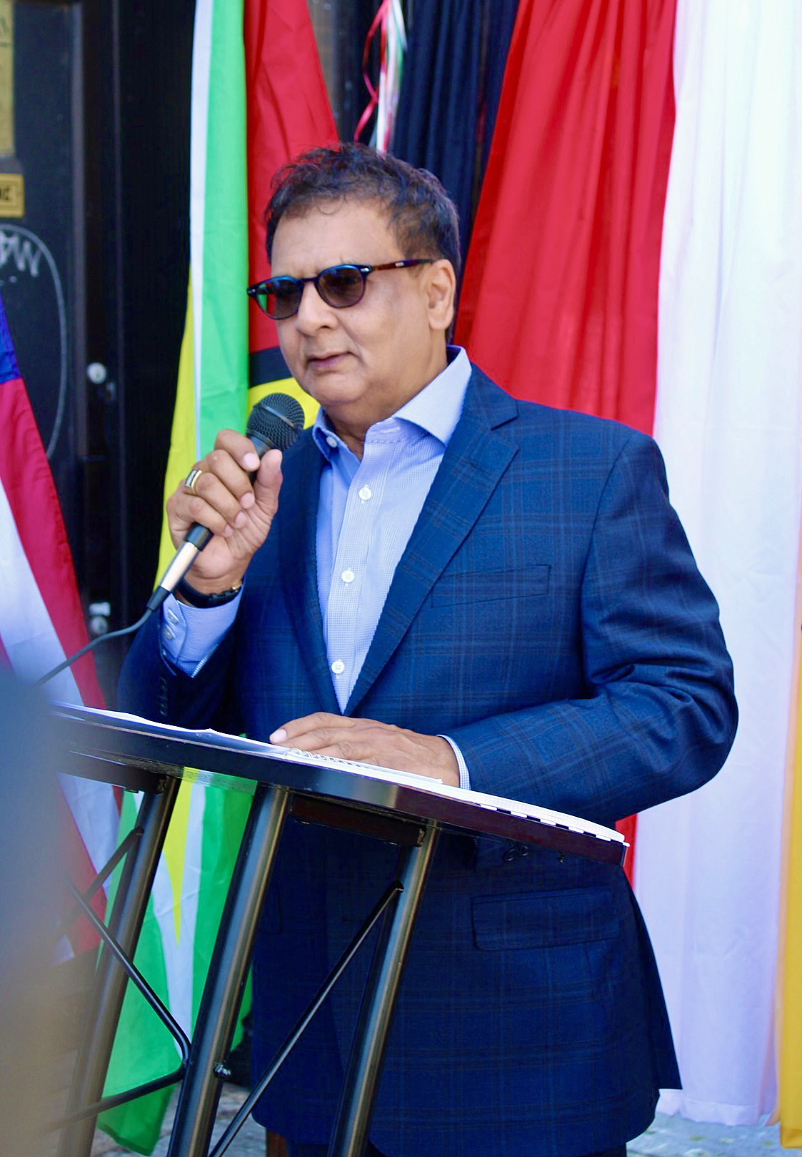 Fazal Yussuff, MPA-advisor Investment & Diaspora Affairs at the Guyana Consulate New York, addressing a gathering at a recent 58th Independence anniversary celebration in Queens.