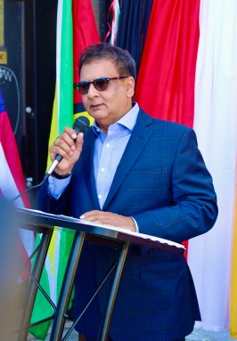 Fazal Yussuff, MPA-advisor Investment & Diaspora Affairs at the Guyana Consulate New York, addressing a gathering at a recent 58th Independence anniversary celebration in Queens.