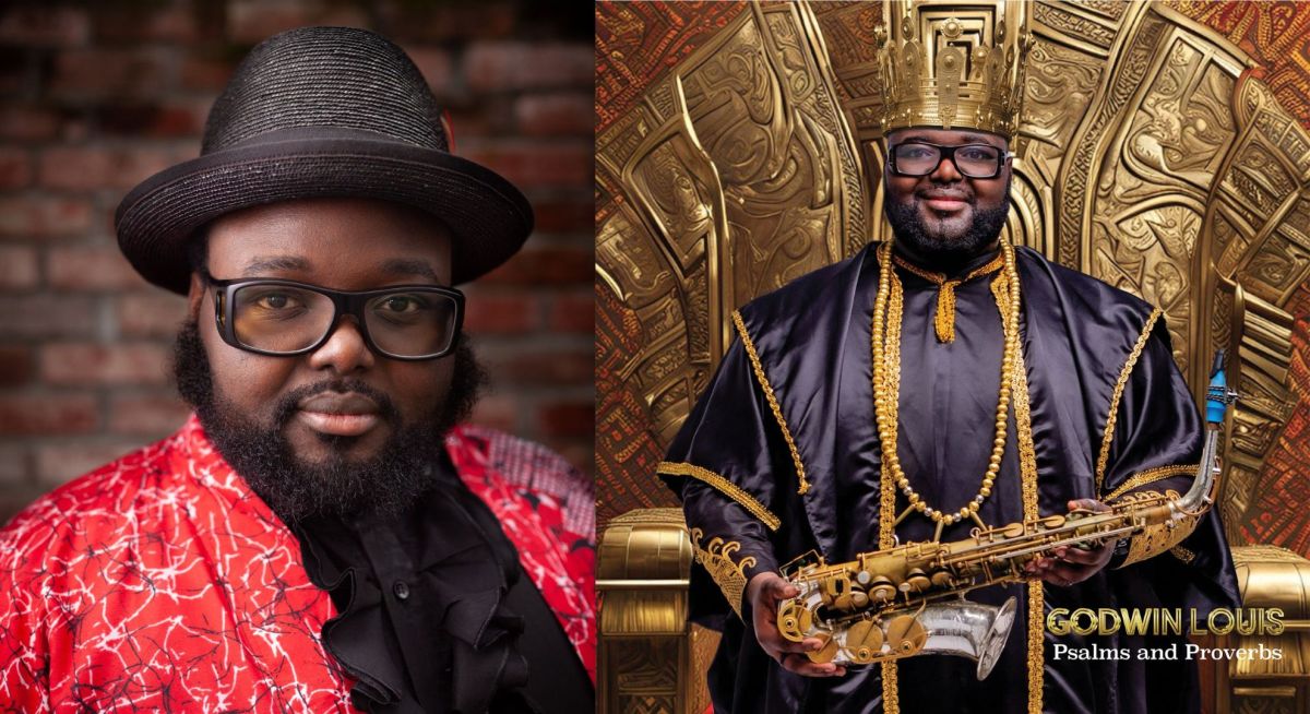 a headshot of Godwin Louis on the left, next to the album art for his new album Psalms and Proverbs