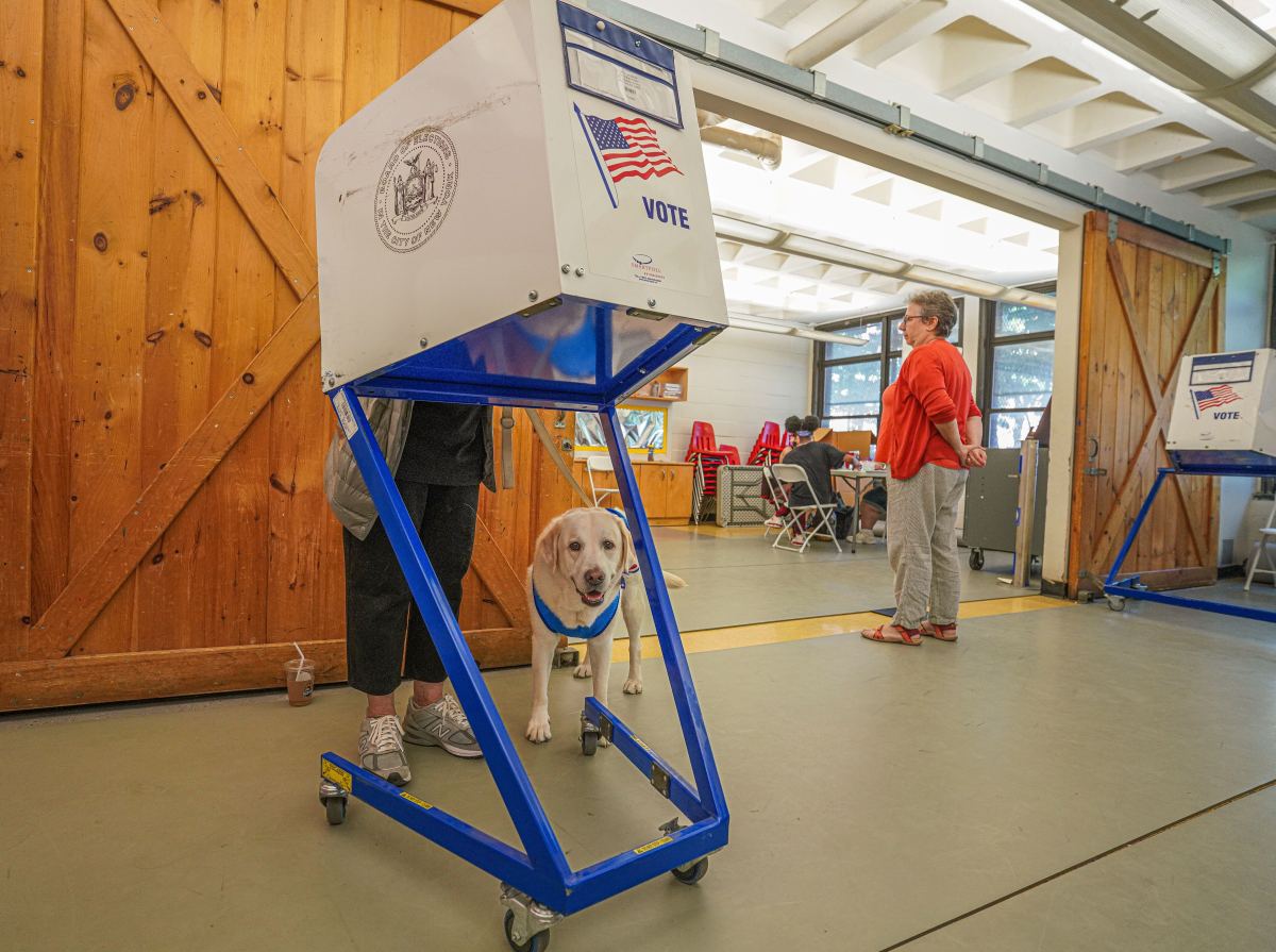A person casts their vote, with a dog sitting beside them, at the Bernie Wohl Center on the Upper West Side on June 25, 2024.