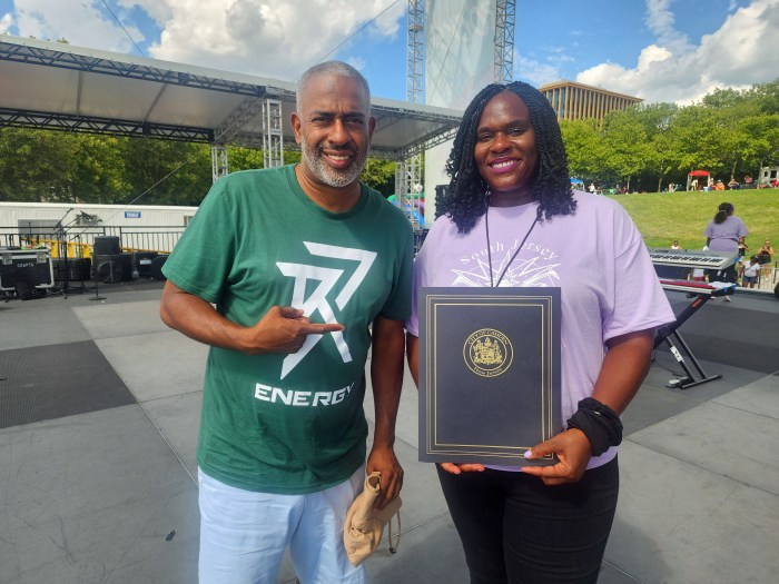 From left, Camden City Mayor Victor Carstarphen and Kylla Herbert, president of the South Jersey Caribbean Cultural Organization, organizer of the South Jersey Caribbean Festival.