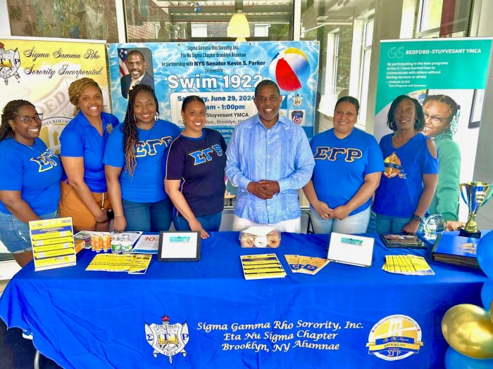 Senator Kevin Parker, fifth from left, pictured with members of the Sigma Gamma Rho Sorority, Inc.- Eta Nu Sigma Chapter Brooklyn Alumnae, recently, to kick-off Swim 1922 at BedStuy YMCA swimming pool.