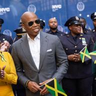 Mayor Eric Adams, joins Consul General of Jamaica to New York, Alsion Wilson to hoist the Jamaican flat at a 62nd Anniversary of Independence at Bowling Green on Aug. 5.