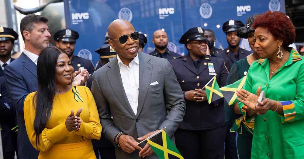 Mayor Eric Adams, joins Consul General of Jamaica to New York, Alsion Wilson to hoist the Jamaican flat at a 62nd Anniversary of Independence at Bowling Green on Aug. 5.