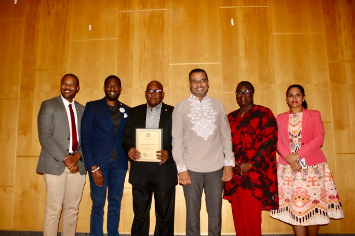 From left to right Senator Jabari Brisport, Public Advocate of New York, Jumaane Williams,Consul General Michael E. Brotherson, Foreign Secretary, Guyana, Robert Persadu, Senator Roxanne J. Persaud and Deputy Permanent Representative of Guyana to the UN, Trishala Persaud, after a Public Advocate Certificate was presented to Guyana