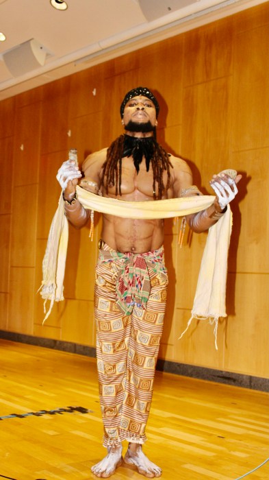 Dancer Jermain Victor captured during a riveting performance at Guyana's Emancipation Observance hosted by the diplomatic office on July 31, at Medgar Evers College.