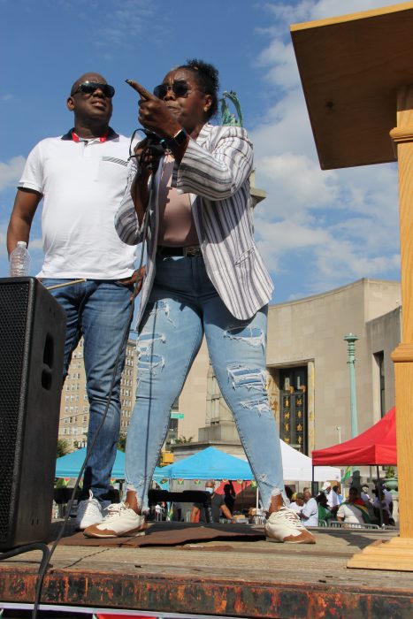 Former Guyanese MP Simona Brooms, with Rickford Burke, co-chair of GOAR and president of the Brooklyn-based Caribbean Guyana Institute for Democracy (CGID), addresses Guyanese rally in Brooklyn, on Aug. 15, 2021 against alleged racism in homeland