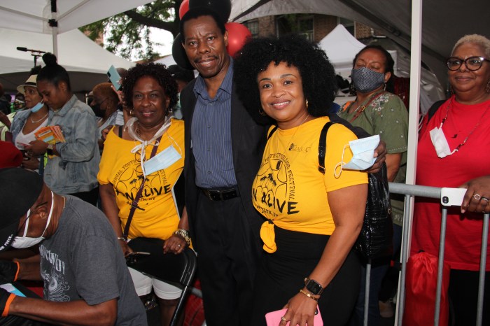 Former Council Member Dr. Mathieu Eugene with Yolanda Lezama-Clark (left) and her daughter, Leah Clark-Brisard, during the CLACC-C Youth Pan Fest in Brooklyn in August 2021