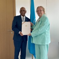 Leslie Ramsammy, the new Permanent Representative of Guyana to the United Nations Office at Geneva, presents his credentials to Tatiana Valovaya, the Director-General of the United Nations Office at Geneva.