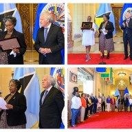 Permanent Representative of St. Lucia to the OAS, Elizabeth Darius-Clarke, at microphone, in black blazer, assumes chair of the Inter-American Council for Integral Development