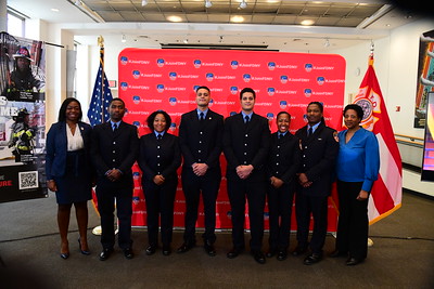 Fire Commissioner Laura Kavanagh surrounded by officials and firefighters during the launch of their recruitment campaign