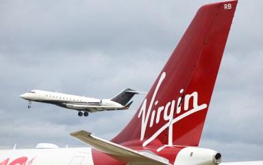 Branding for Virgin Atlantic is seen on a tail fin at the Farnborough International Airshow, in Farnborough, Britain, July 22, 2024.