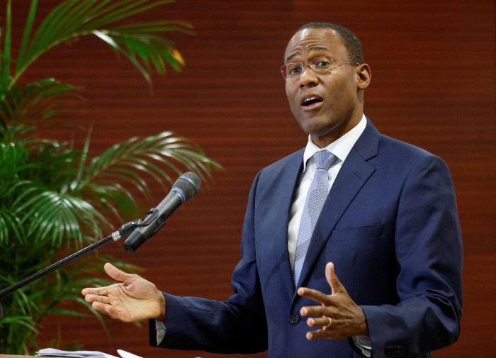 Jamaica's Minister of Finance and the Public Service Nigel Clarke addresses the audience during a news conference on the alleged fraudulent activities of Kingston-based Stocks and Securities Ltd (SSL), in Kingston, Jamaica January 23, 2023.