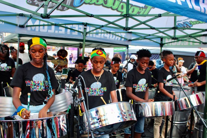 Tropicalfete Steel Pan Ensemble entertained the large crowd with hit songs during the organization's epic Pop-Up Caribbean Carnival in Times Square.