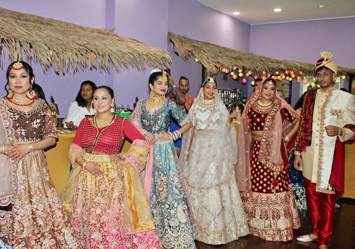 Models dressed in traditional Indian lehenga, a creation of glittering short blouse and lavish floor-length skirt, pose at the 2nd Annual Desi Look Fashion Show from the Bollywood segment, at Secrets Lounge in Jamaica, Queens, on Saturday, Sept. 21.