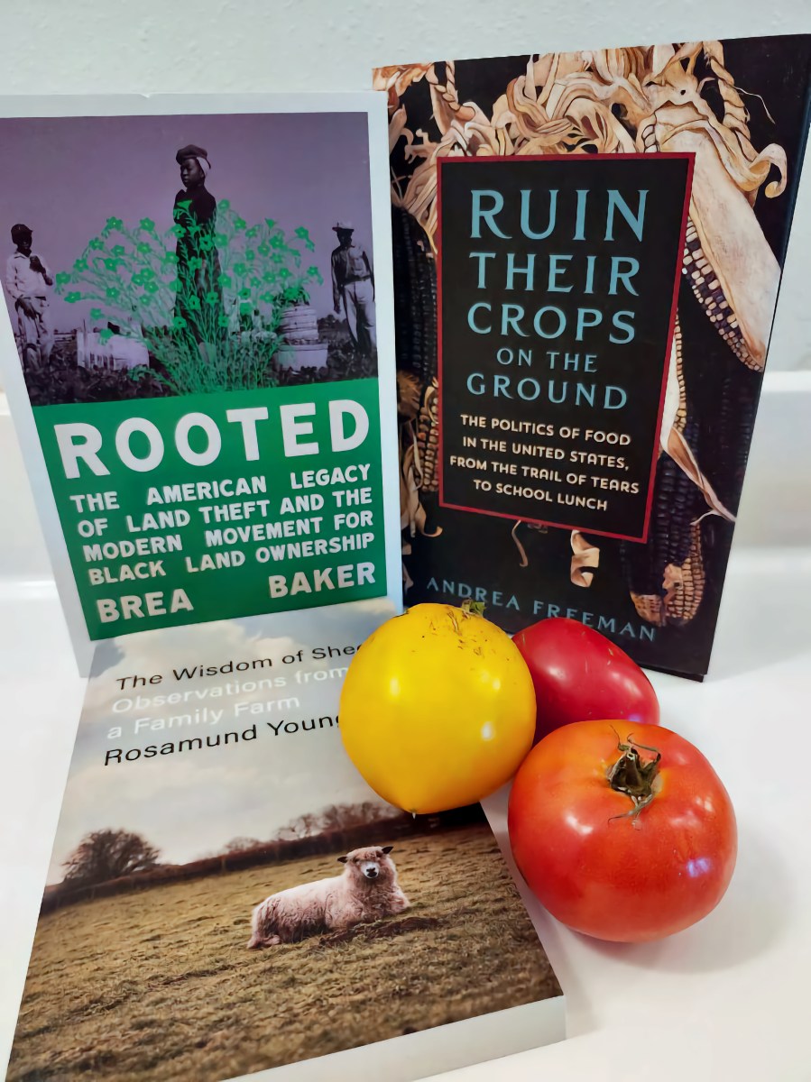 Books on Farms, Food, and Farming History by various authors.