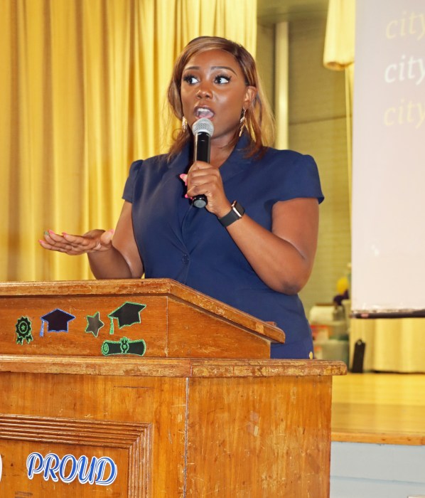 Council Member Farah N. Louis addresses town hall in Brooklyn on City of Yes for Housing Opportunity in July 2024.