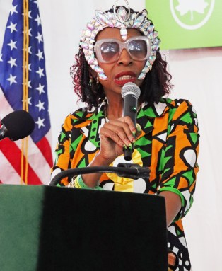 Democratic U.S. Rep. Yvette D. Clarke, in carnival attire, addresses he Pre-Caribbean Carnival Parade Breakfast at the Lincoln Terrace Court in Brooklyn.