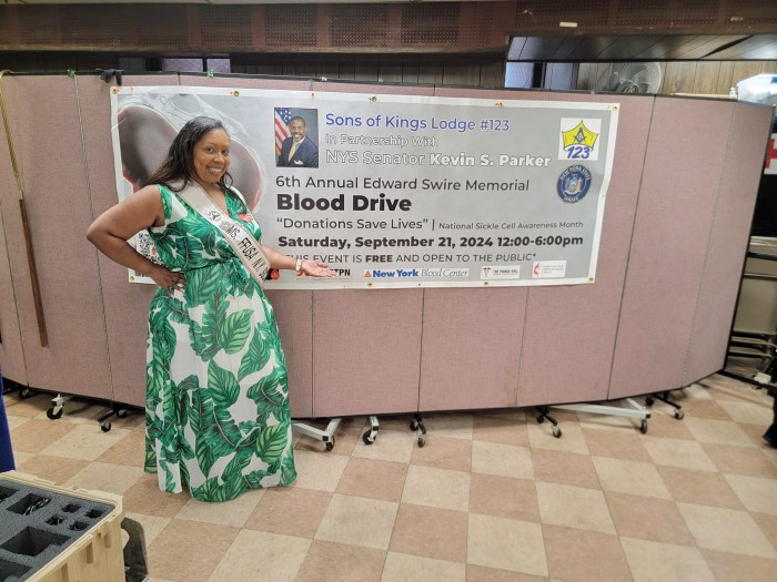 Miss Full Figured USA NY 2024, Leneth Yessenia Buzzele, also a Brooklyn Leaders Lions Club member, volunteered at the 6th Annual Edward Swire Memorial Blood Drive, in collaboration with the Sons of Kings Lodge #123, in Fellowship Hall of Vanderveer Park United Methodist Church, on Sep. 21.