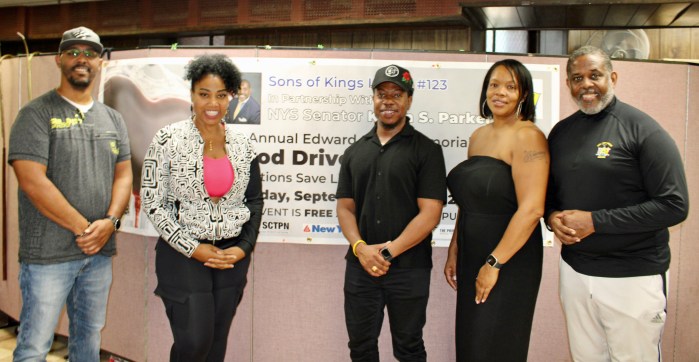 From left, Lodge brother, Roland Duroseau, Marcelle Lashley-Kabone, Chairman, Dr. Brandon Carmarche, Kawana S. Howard, and Senator Parker at the 6th Annual Edward Swire Memorial Blood Drive, in collaboration with the Sons of Kings Lodge #123, in Fellowship Hall of Vanderveer Park United Methodist Church, on Sep. 21.