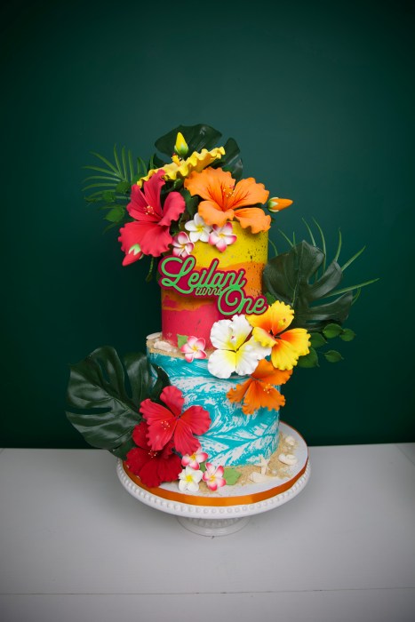 Sabrina created this Hawaiian-themed, inspired first birthday cake.