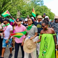 Guyanese elected officials joined the Labor Day Parade on Eastern Parkway. From left Soca Monarch Adrian Dutchin, Minister Susan Rodrigues, Minister Oneidge Walron, along with Claire Patterson-Mohan, CG Michael E. Brotherson partly hidden, and Fazal Yussaff.