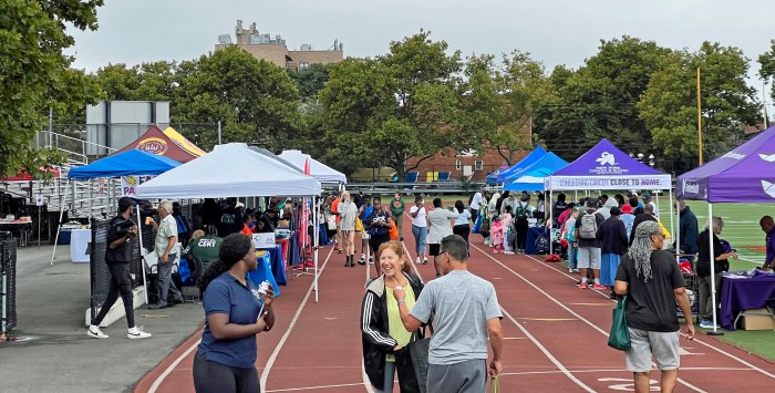 Stalls at the Back to School Health Fair and Backpack Giveaway on Saturday at the South Shore High School Field in Canarsie, Brooklyn.