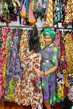 Nigerian-born Nonye Anyadiegwu, creator of Noni Styles, showcases some of her many elegant outfits fabricated at her Brooklyn showroom.